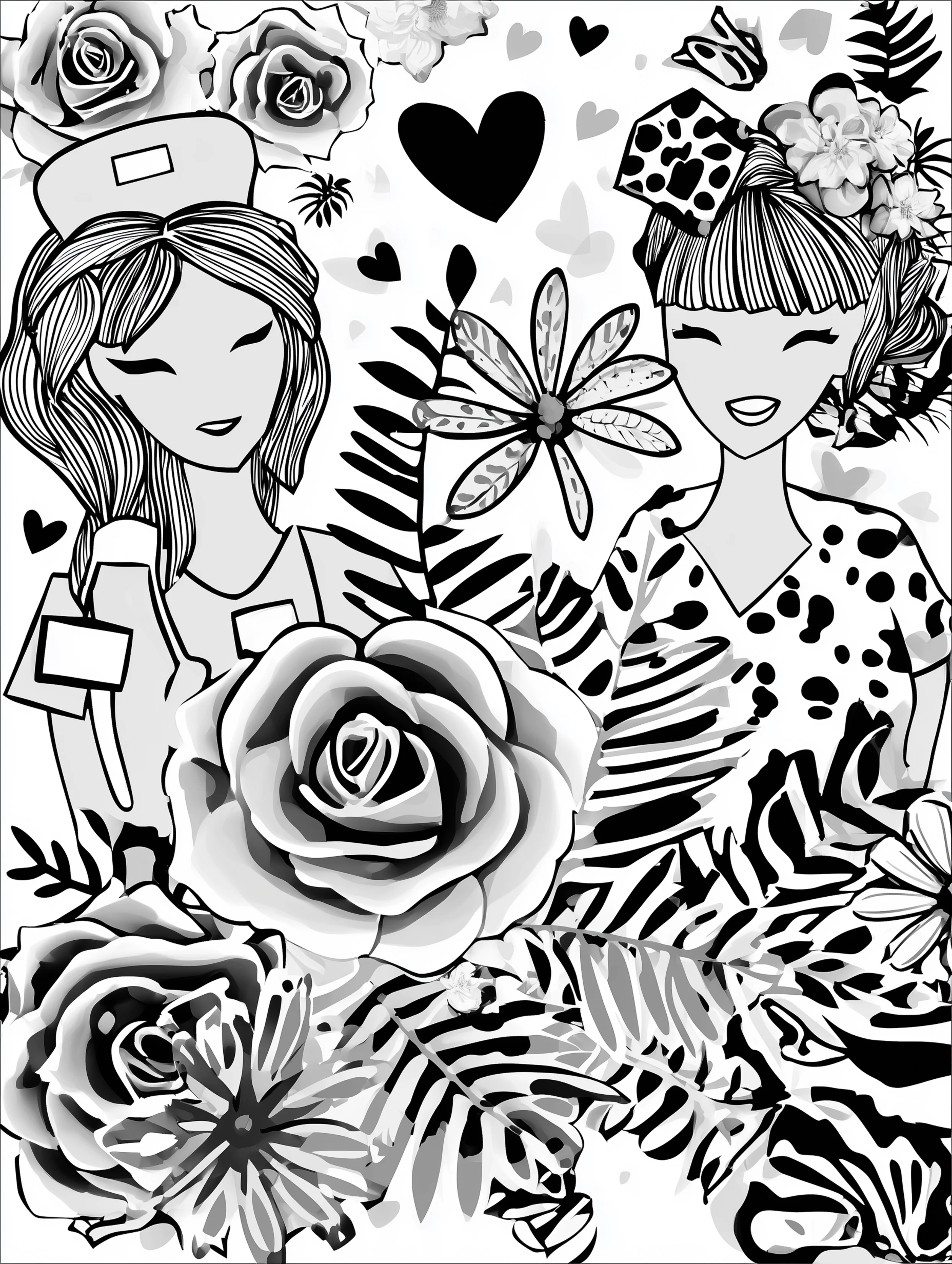 Free printable nursing coloring page for adults featuring two nurse friends with floral elements
